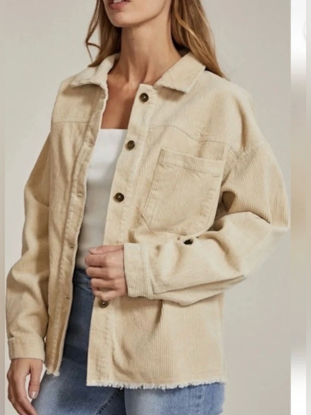 Zara Women's Oversized Boyfriend Shirt Jacket Light Cream Corduroy Size M New